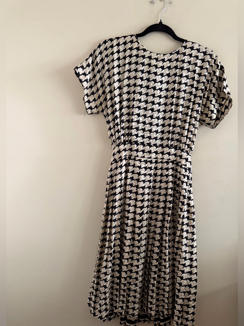 Vintage Black & Cream Houndstooth Fit-and-Flare Silk Dress